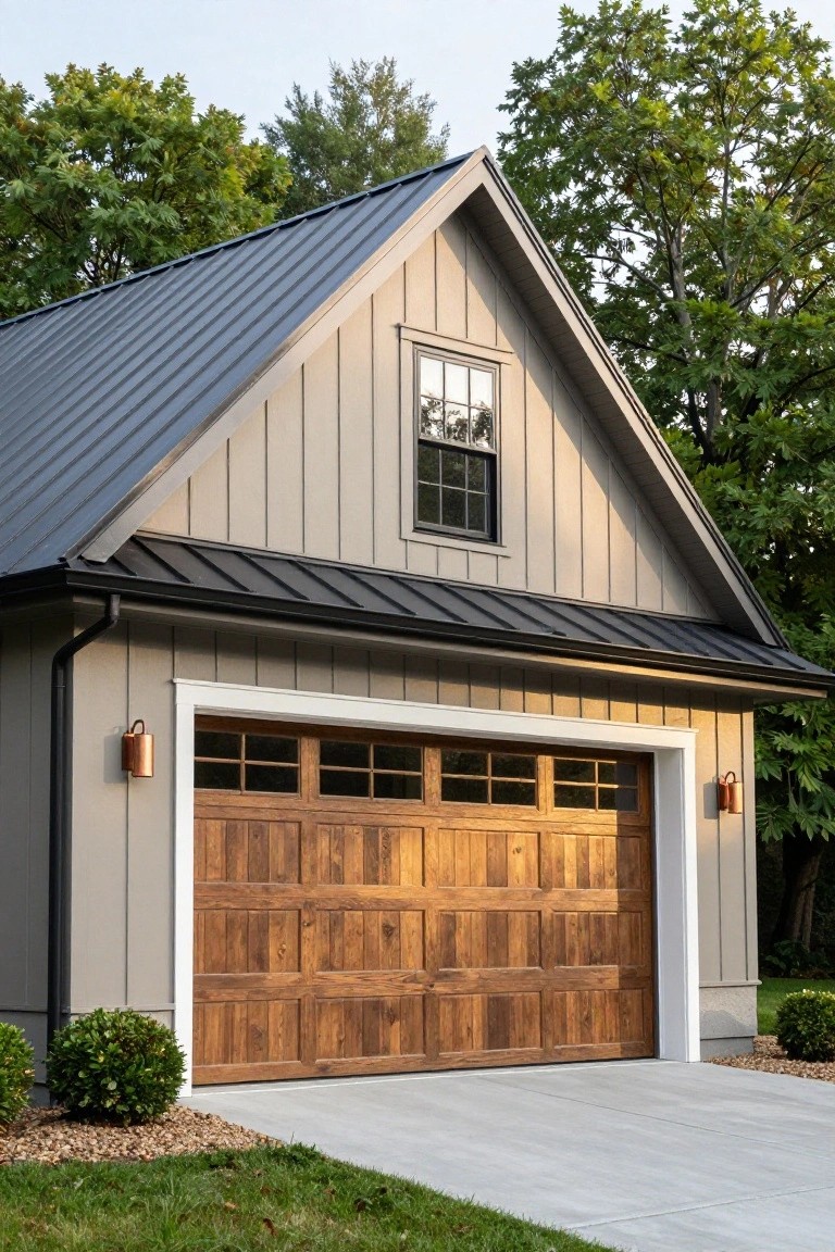 Garage with light greige board-and-batten siding, wood door, white trim, and black metal roof in a wooded yard
