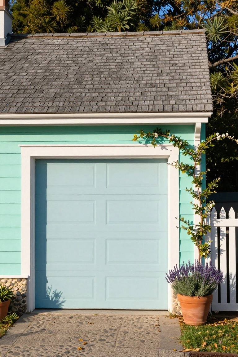 Soft turquoise painted garage door and siding with white trim, potted lavender, and climbing vines