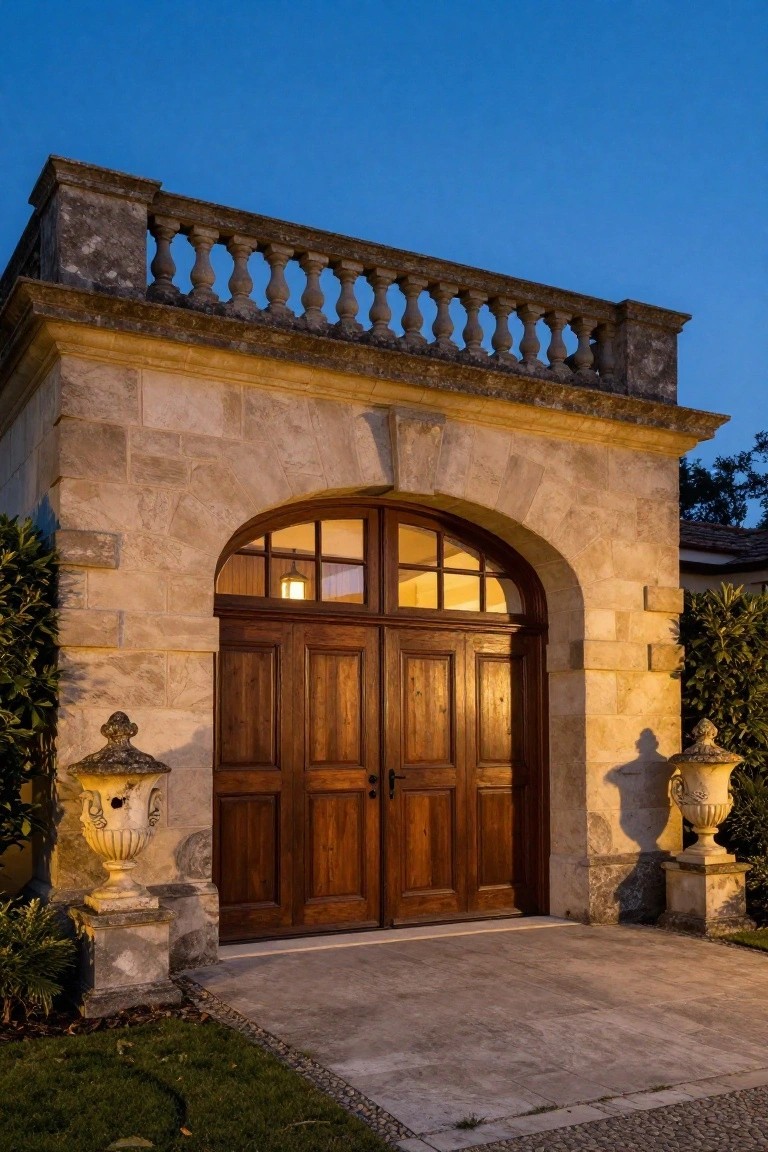 Stone archway with double wooden doors, flanked by pedestals holding urns, on a paved pathway at dusk.