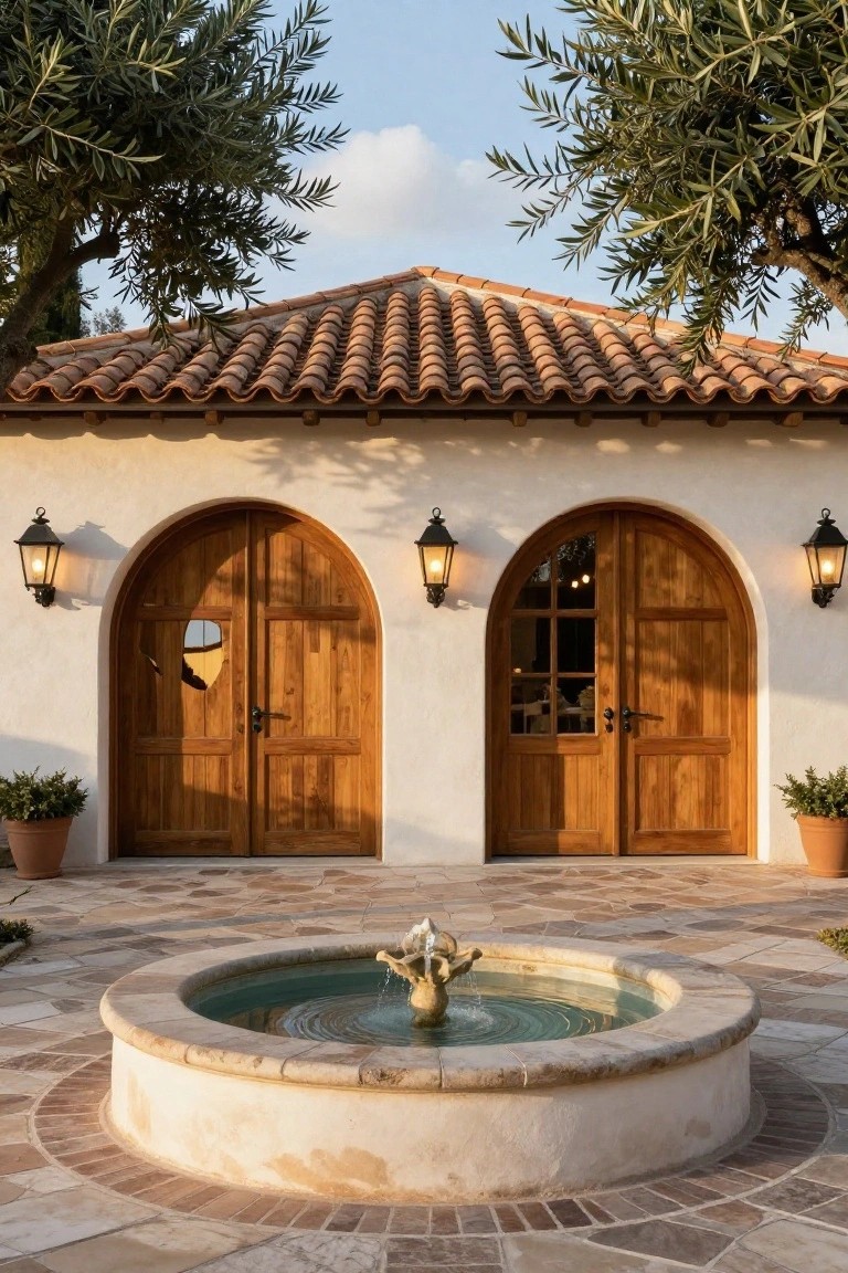 White stucco garage building with two sets of double arched wooden doors, terracotta tile roof, wall lanterns, olive trees on sides, and circular stone fountain on brick patio in front.