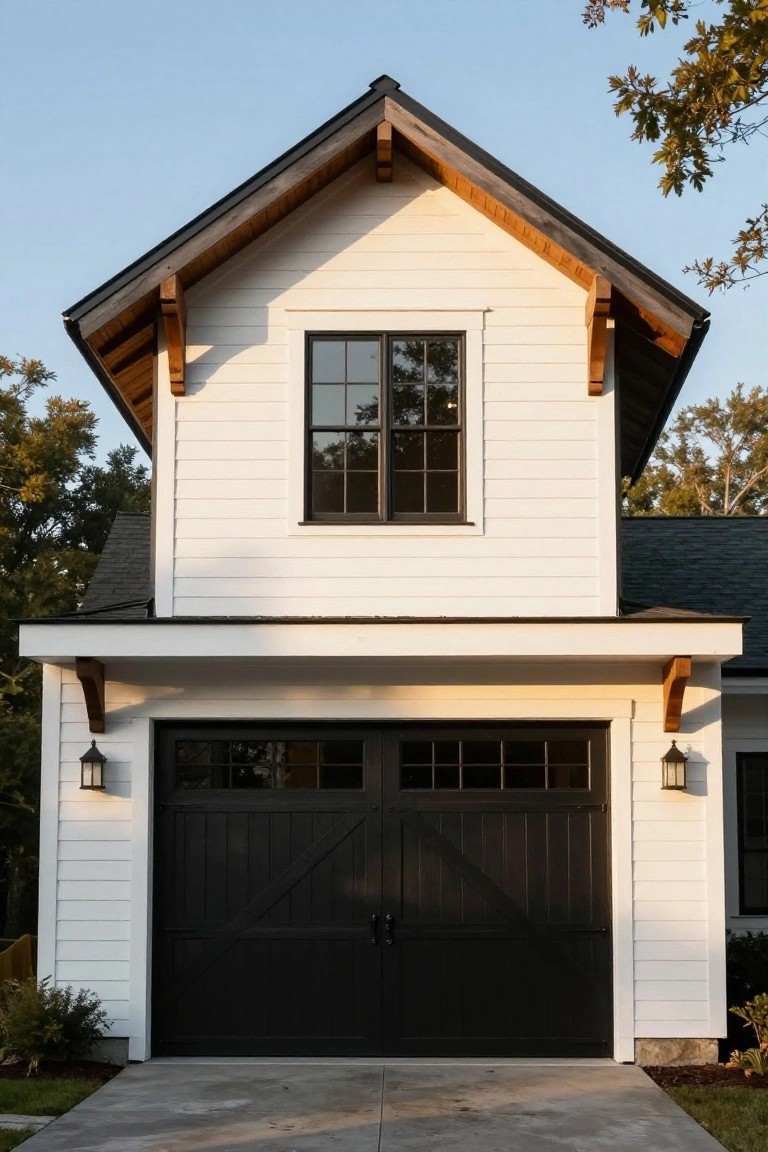 White two-story garage with gabled roof, black double garage doors with window grids, lantern lights on sides, and small overhang, on concrete driveway amid trees and shrubs.