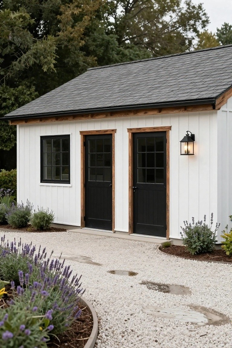 Small white board-and-batten detached garage with gabled dark shingle roof, black-framed double doors and window, wall-mounted lantern light, gravel path, and lavender plantings.
