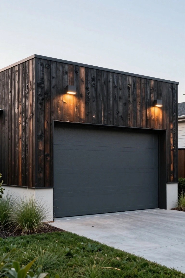 A modern detached garage with vertical black charred wood siding, gray sectional garage door, black wall lights on either side, white base trim, concrete driveway, and low grass plantings.