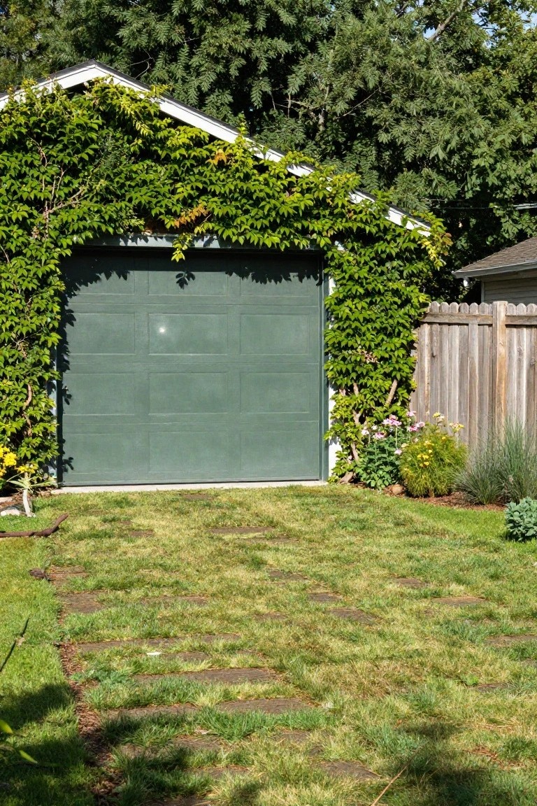 Green garage door covered in climbing ivy with vines extending up the sides and over the roofline, stepping stones leading across grass to the door, wooden fence and plants nearby.