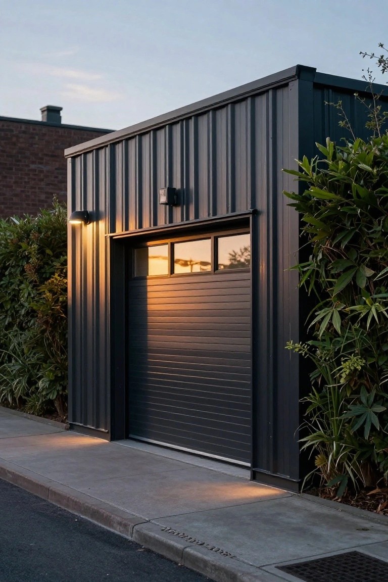 Black corrugated metal garage structure with a large partially open roller door emitting warm light, flanked by hedges and wall-mounted lights on a concrete driveway at dusk.