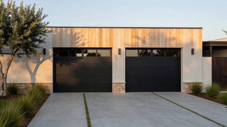 Modern house exterior with a black multi-panel garage door, horizontal wooden beam above it, stucco walls, stone base, driveway pavers, olive tree, and grass landscaping.