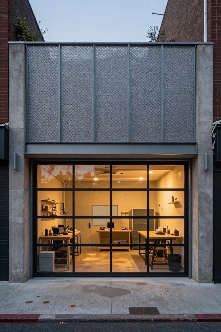 Modern garage exterior featuring a large transparent glass door revealing an interior workspace with desks and cabinets, flanked by concrete walls and a metal mesh screen above, viewed at dusk in an urban setting.