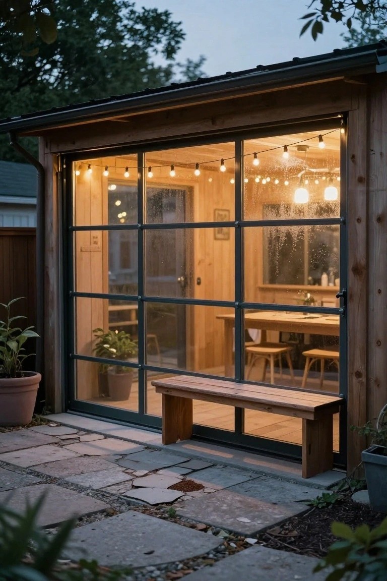 Wooden garage structure with large sliding glass doors, wooden bench on stone patio, string lights overhead, plants nearby at evening light.