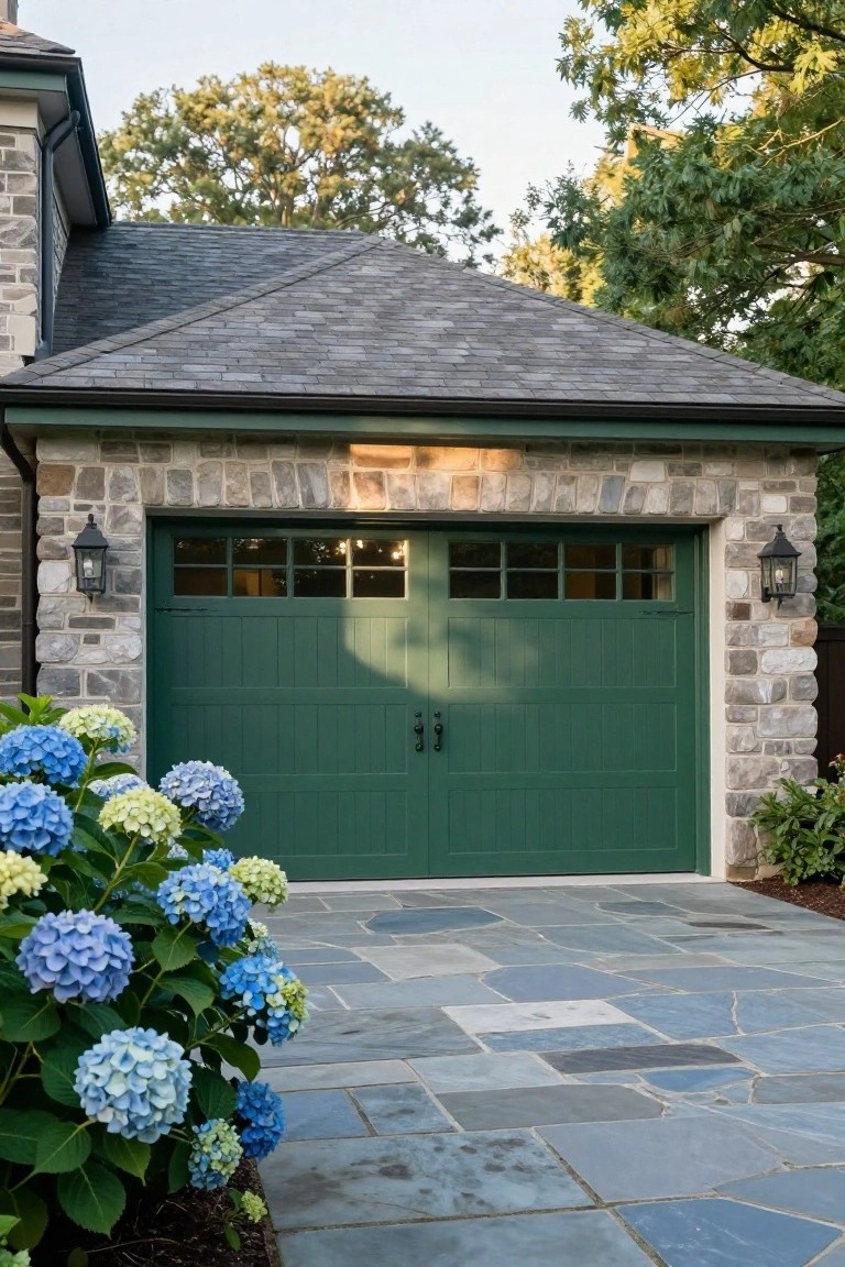 Stone masonry garage with a green wooden door featuring glass panels and black handles, flanked by black lanterns, blue hydrangeas in front, and irregular gray stone paver driveway.