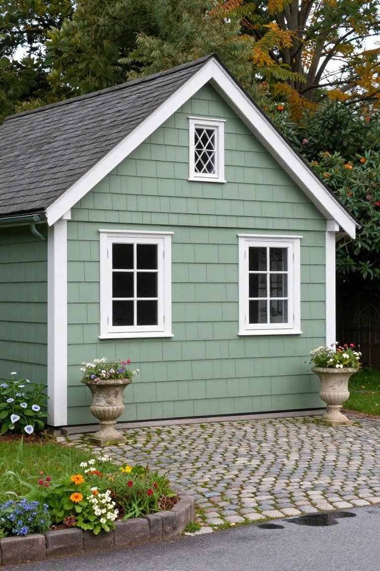 Small mint-green gabled garage building with white trim, two front windows, small gable window, flanked by large urn planters with flowers on pedestals, cobblestone path, and flower beds in front.