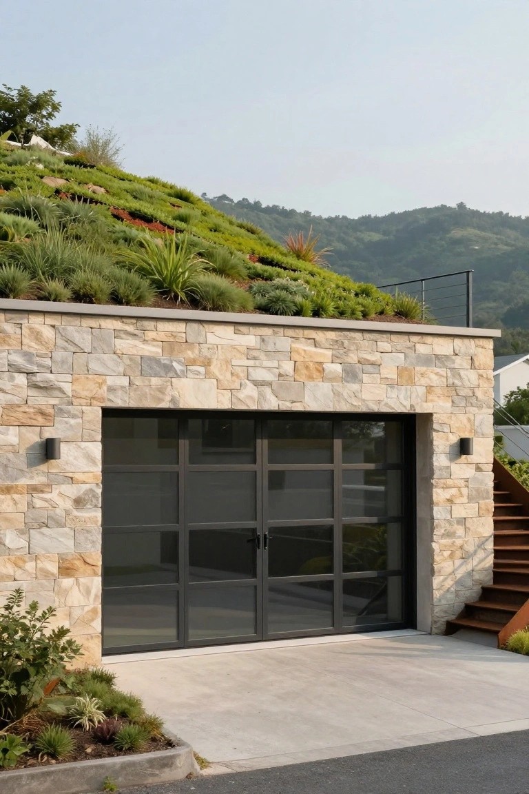 Garage with a planted green roof covered in grasses and succulents, light stone facade, frosted glass door, steps, and low landscaping on a driveway beside a hill.