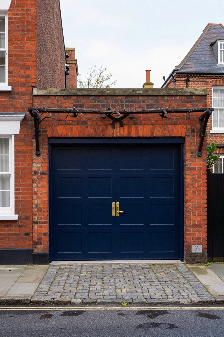 Red brick house exterior with a large navy blue paneled garage door featuring gold handles, set between white-framed windows and bordered by a paved stone pathway.