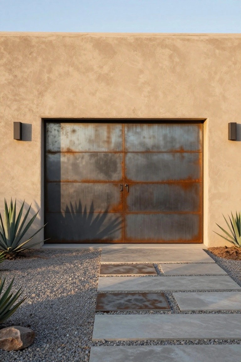 Beige adobe wall with large paneled rusted steel garage door centered, agave plants flanking the sides, black wall lights, gravel ground, and irregular stone paver pathway leading to the door.