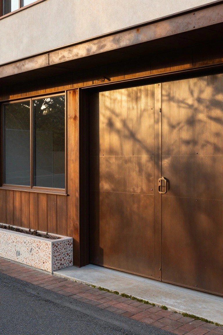A modern house exterior with a large vertical sliding bronze garage door next to wooden siding, a window, and a planter box on a brick path.