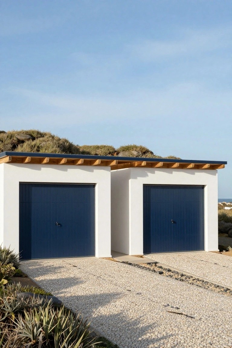 White garage structure with two navy blue doors side by side, wood-trimmed flat roof, gravel driveway, agave plants, and sand dunes in the background.