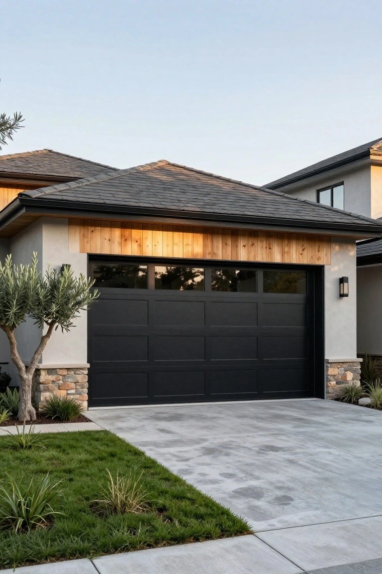Modern house exterior with a black multi-panel garage door, horizontal wooden beam above it, stucco walls, stone base, driveway pavers, olive tree, and grass landscaping.