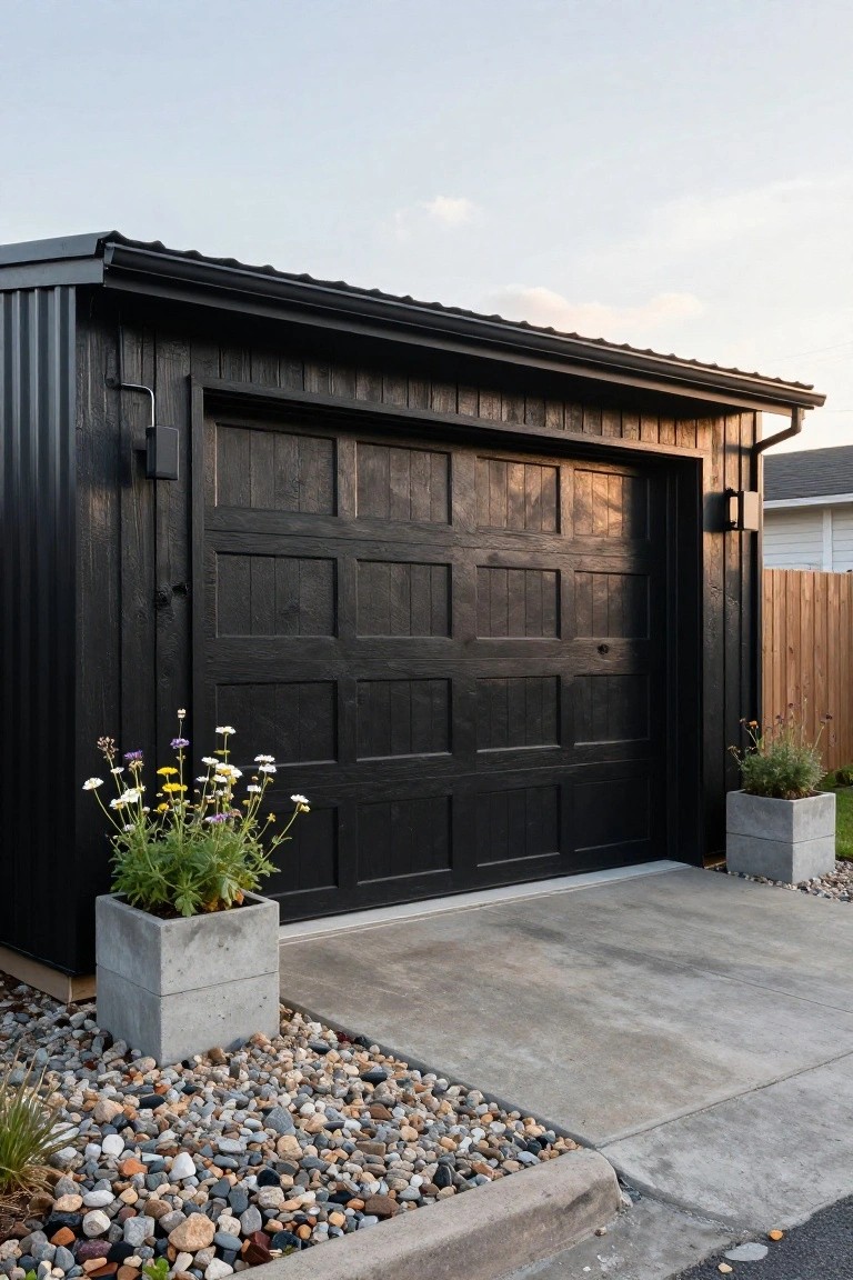 Black wooden shed with large black paneled garage door, flanked by two concrete planters containing flowering plants and greenery, gravel ground cover, and concrete driveway pad.