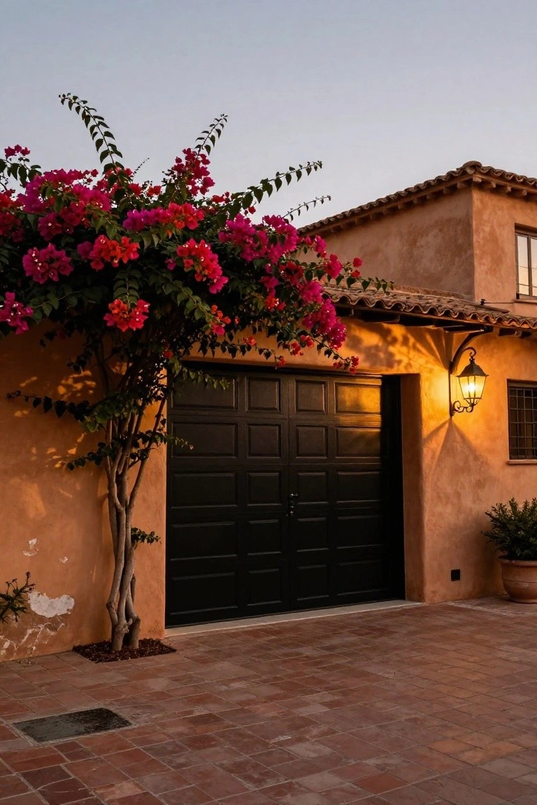 Terracotta stucco house exterior featuring a tall black paneled garage door with bougainvillea vine and pink flowers climbing the wall beside it, a wall-mounted lantern, and terracotta paver driveway at dusk.