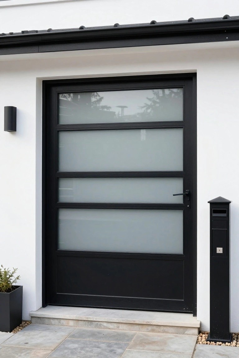 White stucco house exterior featuring a black metal-framed front door with three horizontal frosted glass panels, a black wall-mounted light fixture to the left, a black mailbox post to the right, and stone steps in front.
