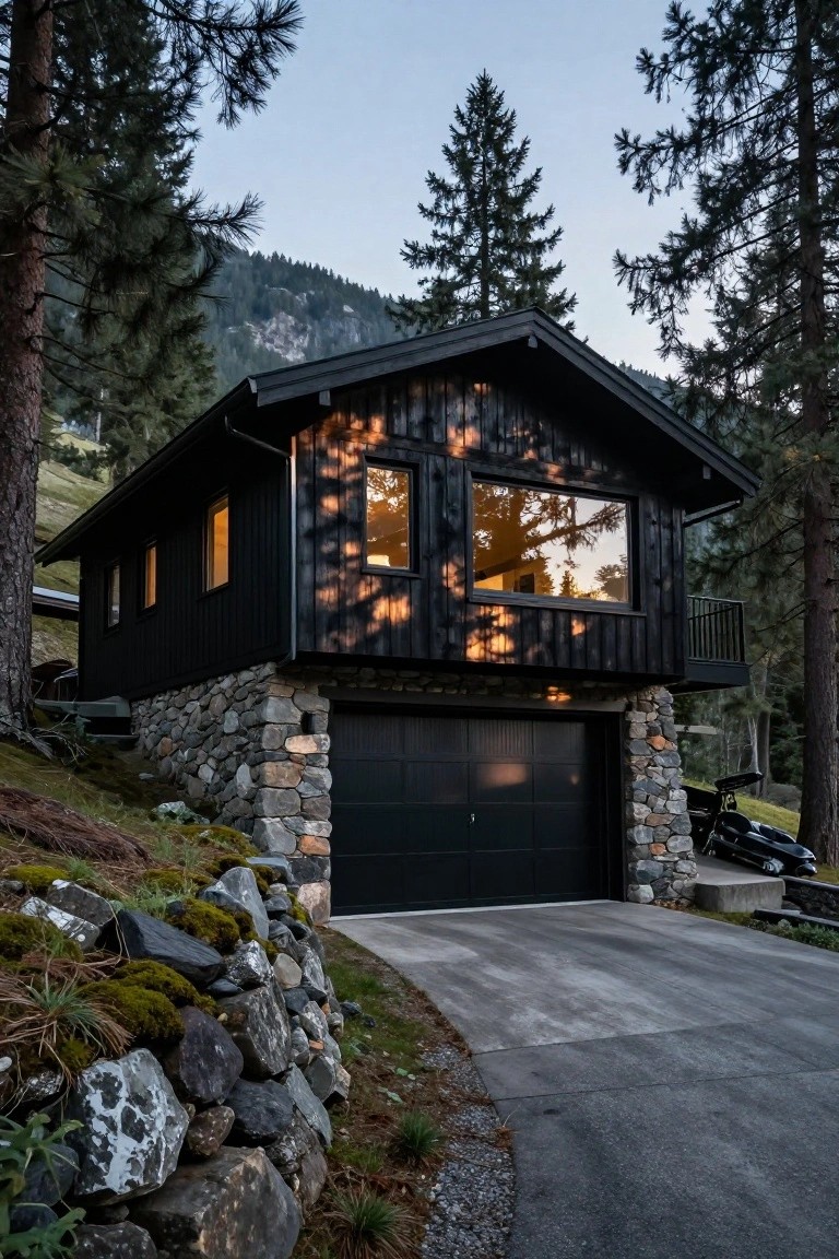 Black cabin-style house with dark siding, large windows, black garage door, stone foundation walls, balcony, driveway, and surrounding pine trees on a forested slope at dusk.
