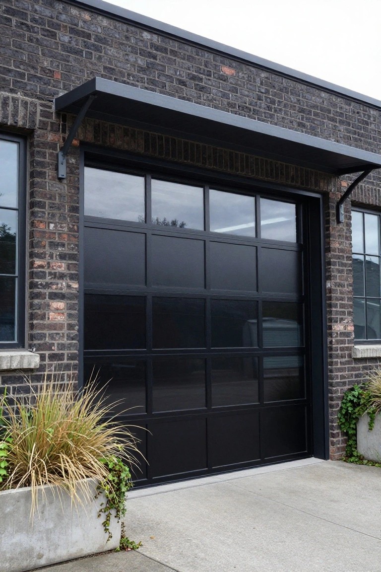 Brick house exterior with a large black paned garage door, black-framed windows on either side, and potted grasses and ivy near the entrance.
