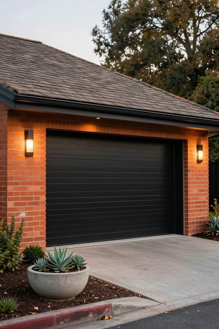 Brick house exterior with black slatted garage door centered under a gabled roof, flanked by two modern wall lights, potted succulents on the driveway edge.