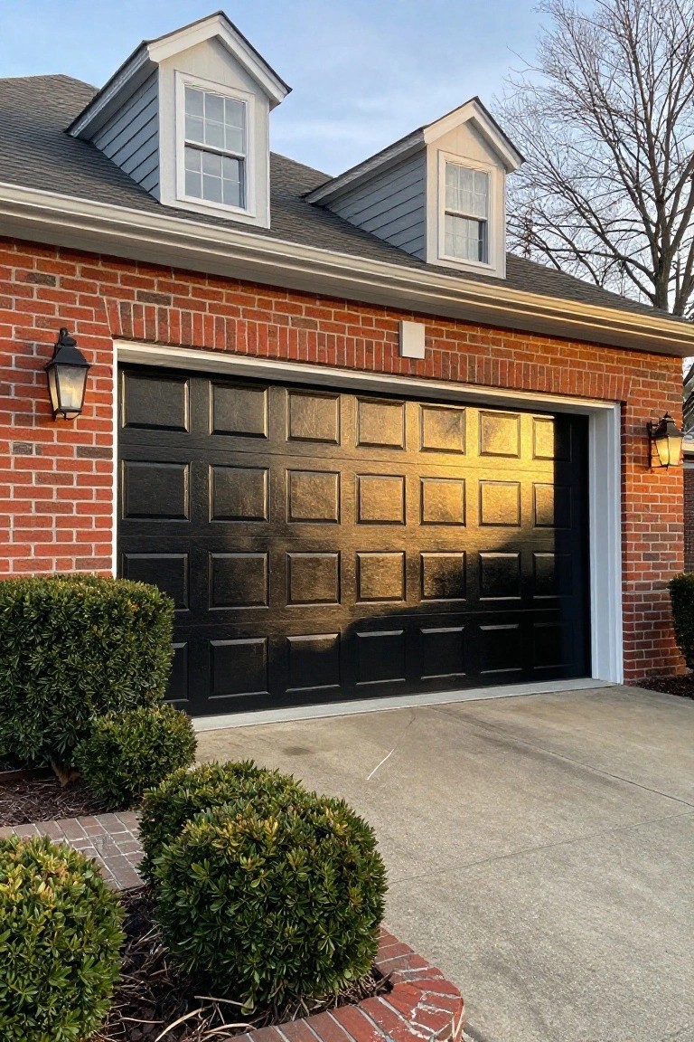Red brick house with open glossy black paneled garage door, white trim dormer windows above, black wall lanterns flanking the door, and boxwood shrubs along the concrete driveway.