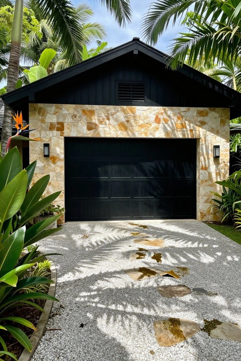 Garage with black roll-up door built into beige sandstone walls under a gabled black roof, surrounded by tall palm trees, bird of paradise plants, and a gravel driveway with irregular stone pavers.