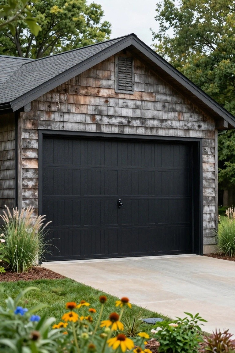 Detached garage with gray horizontal shingle siding, black paneled garage door, gable roof with vent, surrounded by ornamental grasses and flowers next to a concrete driveway.