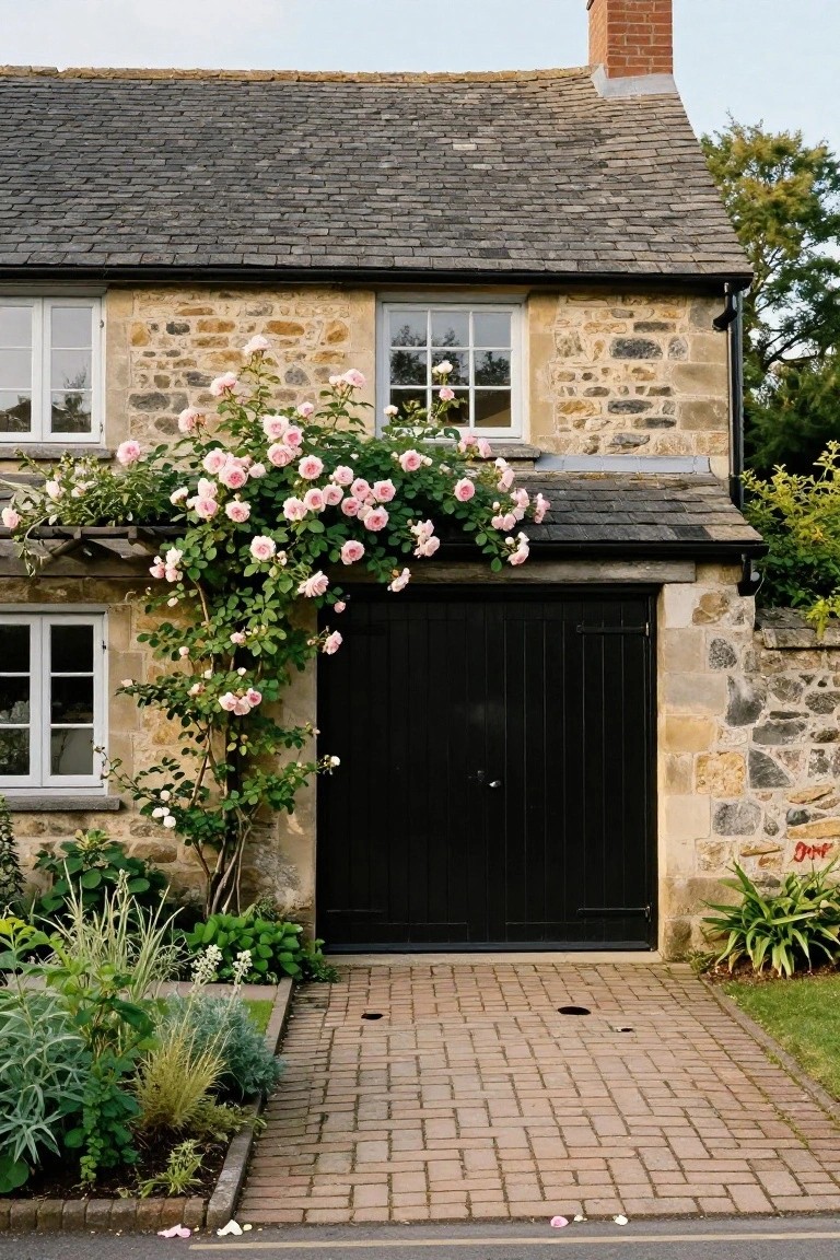 Black Garage Door on Stone Cottage