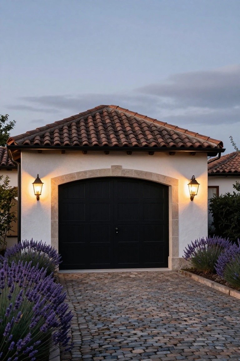 White stucco garage building with black double garage door centered under terracotta tile roof, flanked by lavender plants and lit by wall-mounted lanterns, on cobblestone driveway at dusk.