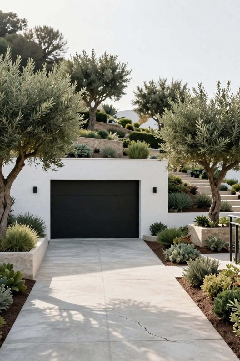 White stucco modern house on a hillside with a large matte black garage door centered in the facade, flanked by olive trees and terraced succulent plantings along a concrete driveway.