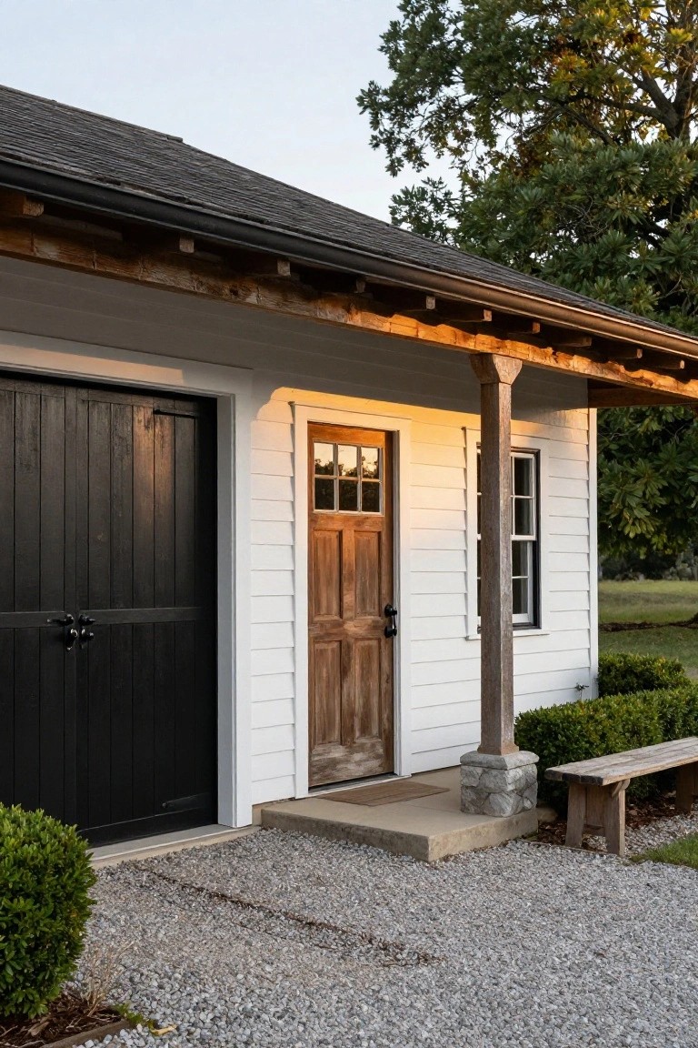 White board-and-batten garage with black double door, wooden entry door with glass panels, wooden porch beams and posts, gravel driveway apron, boxwood shrubs, wooden bench, and oak trees nearby.