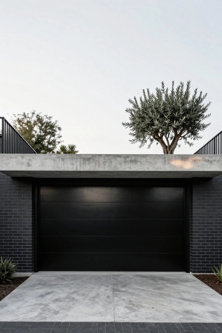 Modern garage facade with large black sectional door recessed beneath wide gray concrete overhang and balcony, flanked by black brick walls, concrete driveway, and agave plants.