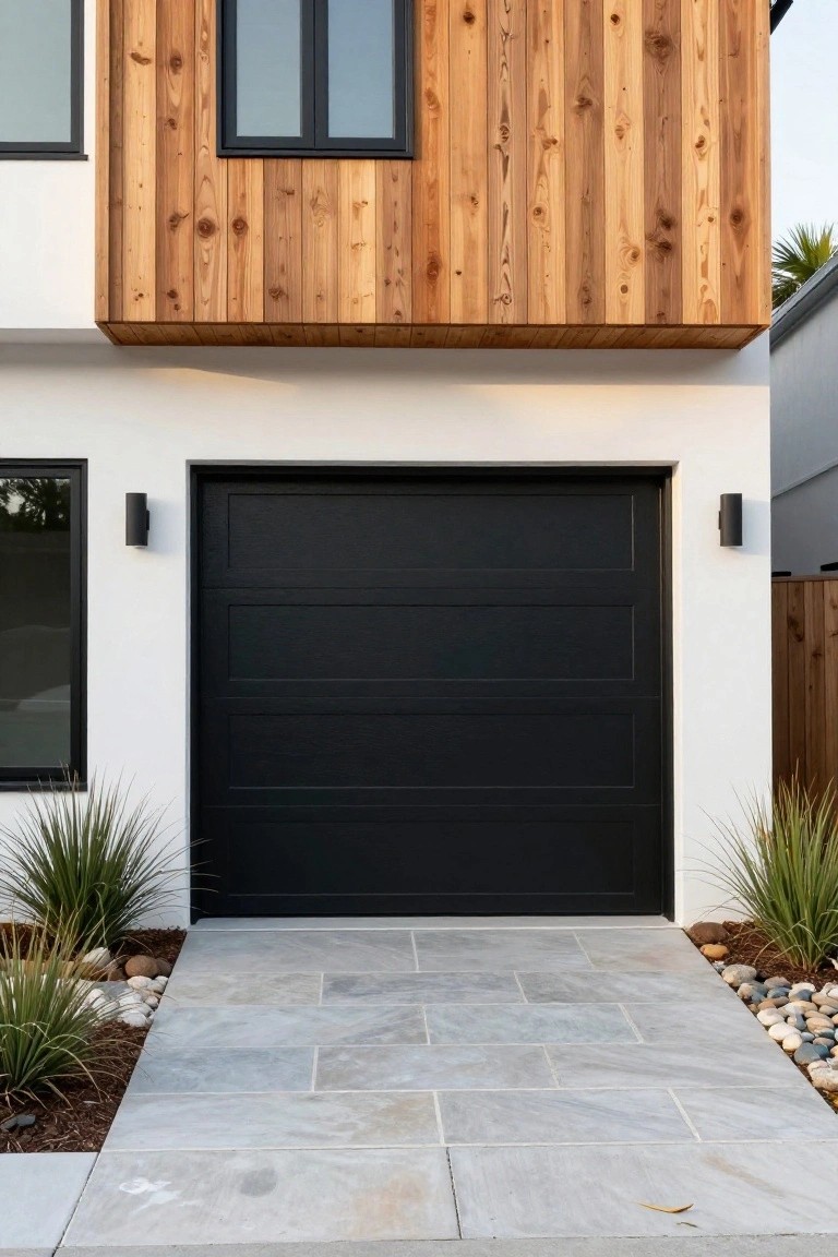Modern house exterior with a black paneled garage door centered between white stucco wall on one side and vertical cedar wood siding on the other, flanked by wall-mounted lights, a gray paver pathway, pebble mulch, and agave plants.