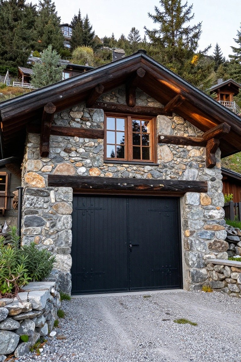 Chalet garage with tall black double doors in a facade of stacked stones and horizontal wood beams, set against pine trees and rocky terrain.