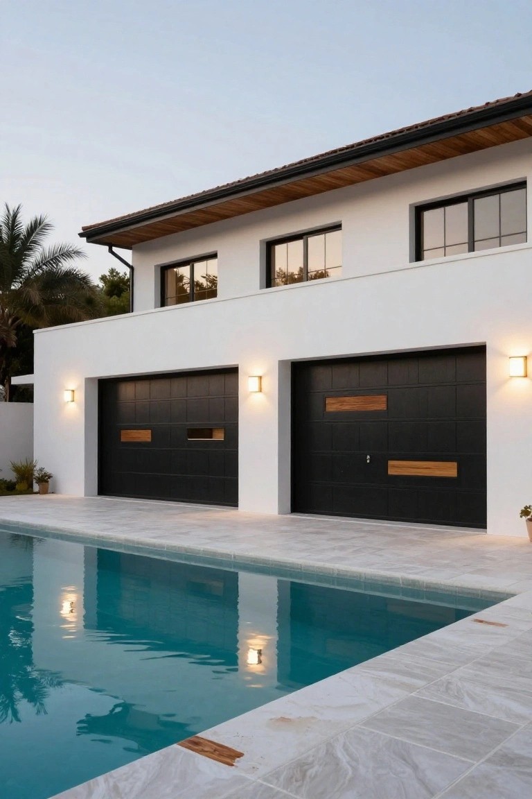 White stucco house exterior with two tall black garage doors featuring horizontal wood slats, outdoor wall lights, and turquoise pool in foreground at dusk.
