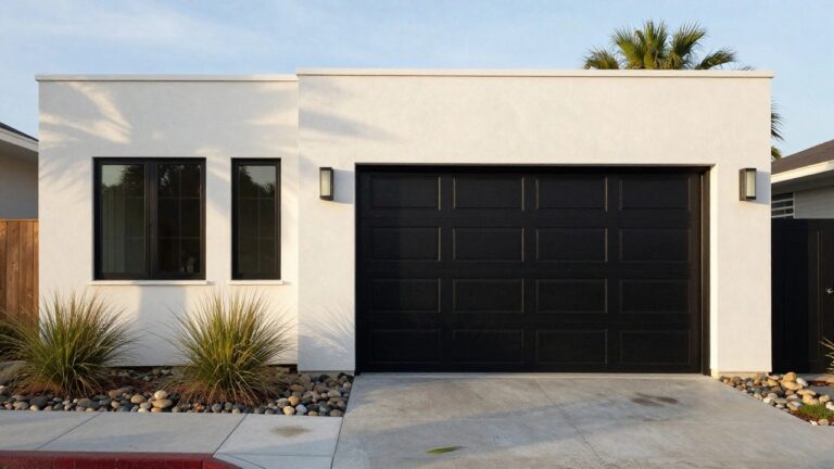 Modern house exterior with a black paneled garage door centered between white stucco wall on one side and vertical cedar wood siding on the other, flanked by wall-mounted lights, a gray paver pathway, pebble mulch, and agave plants.