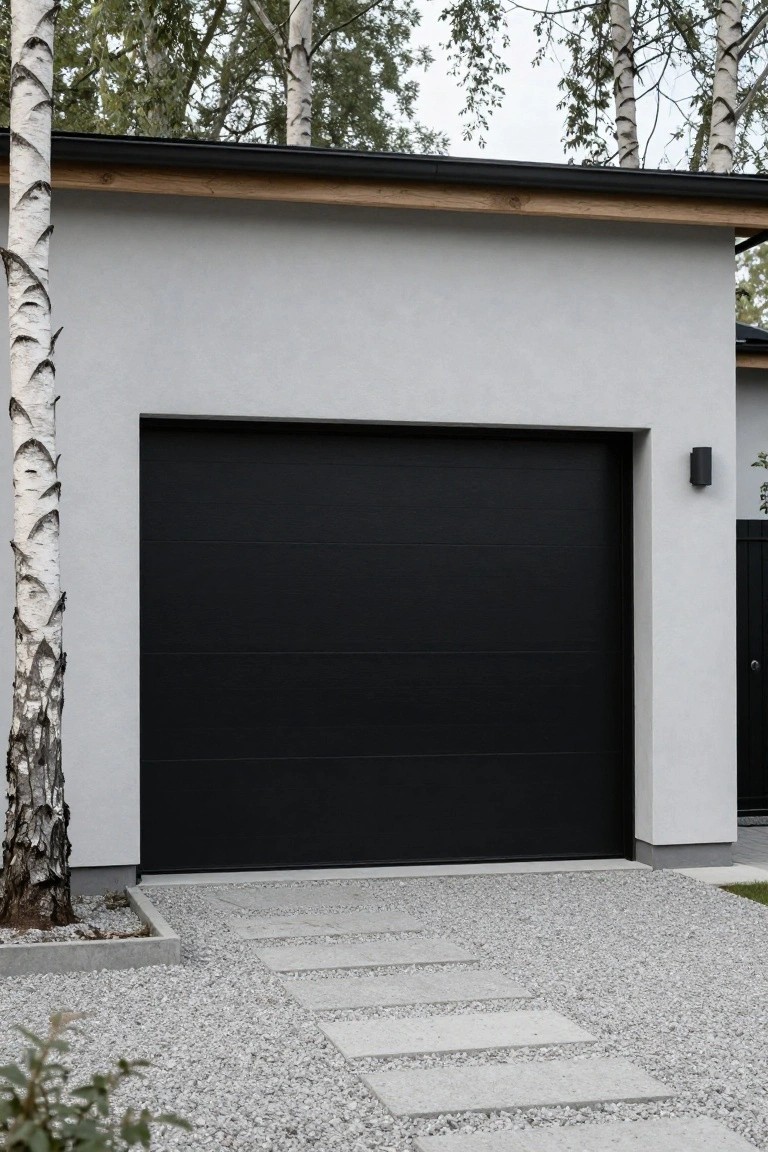 Light gray modern garage with large black overhead door, birch trees on both sides, gravel driveway, and stone steps in front.