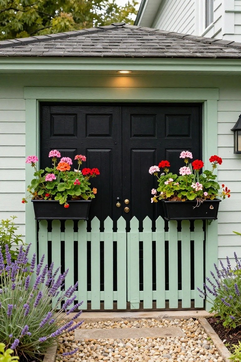 Mint green detached garage with black double doors flanked by hanging baskets of pink and red geraniums, white picket fence at base, lavender plants nearby, and gravel pathway leading up.