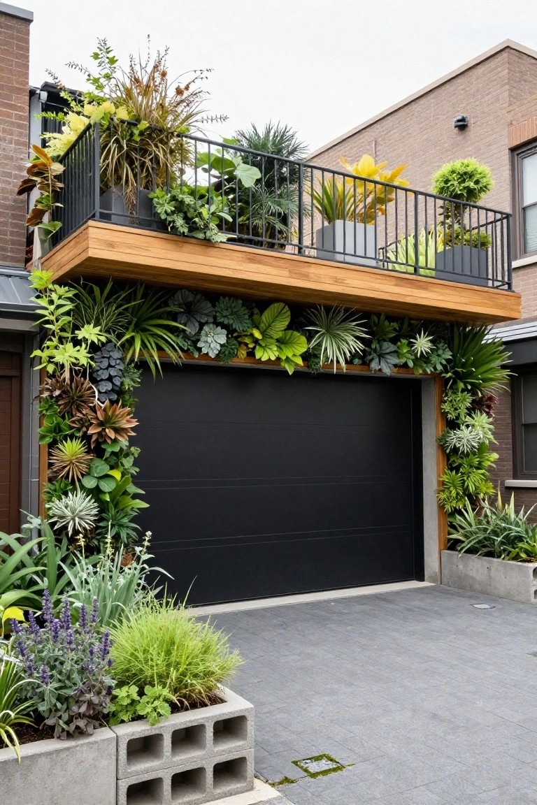 Modern townhouse exterior featuring a black garage door surrounded by dense vertical plants, a wooden balcony above with potted greenery, and concrete block planters beside the driveway.