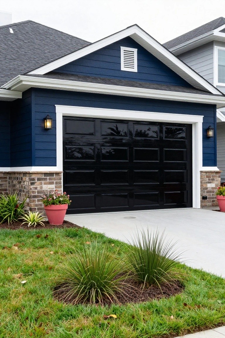 Navy blue house exterior with black four-panel garage door, white trim, shingle roof, stone base accents, and front yard landscaping including potted red flowers, grasses, and pathway.