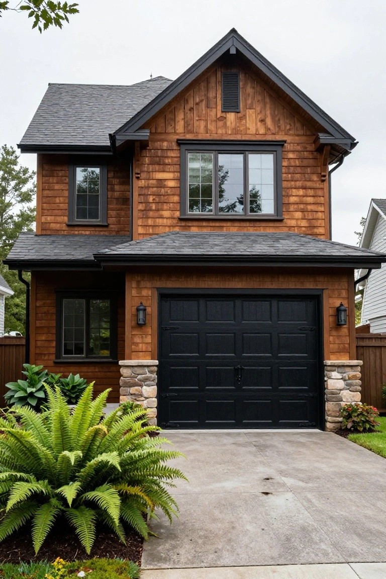 Two-story house with dark brown shingle siding, black double garage door between stone pillars, dark roof, and ferns beside the concrete driveway.