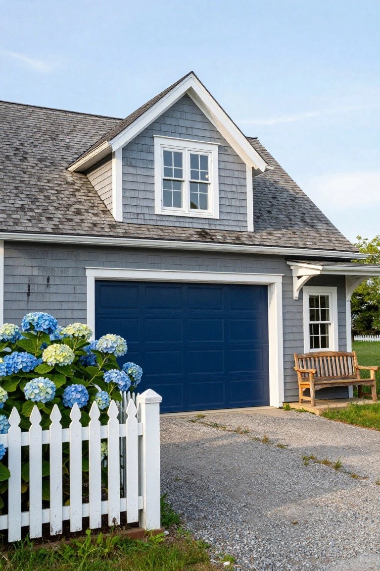 Gray clapboard garage with blue door, white trim, and hydrangeas in front