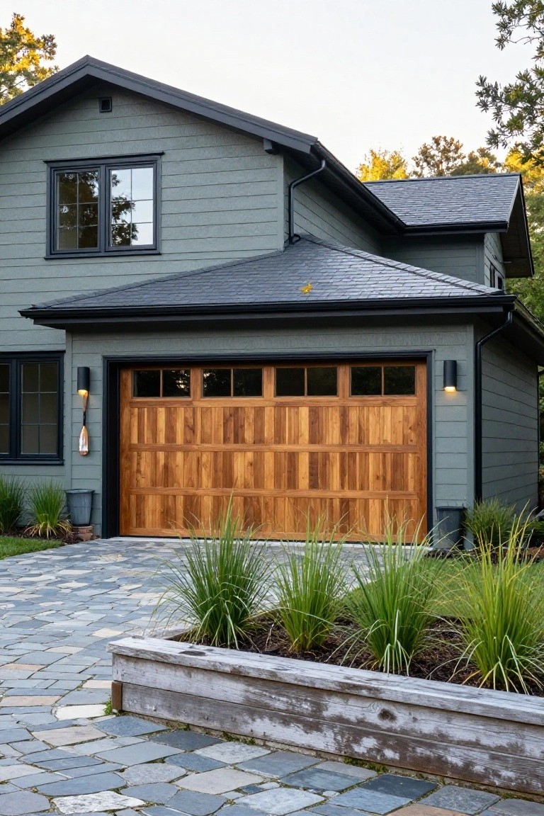 Modern gray house with wooden garage door and stone driveway.
