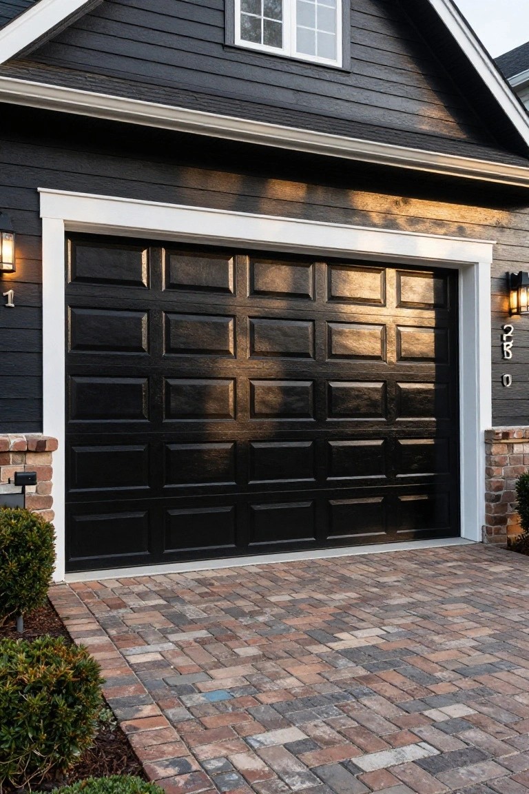 Modern home exterior featuring deep black painted garage door and siding with crisp white trim and brick paver driveway
