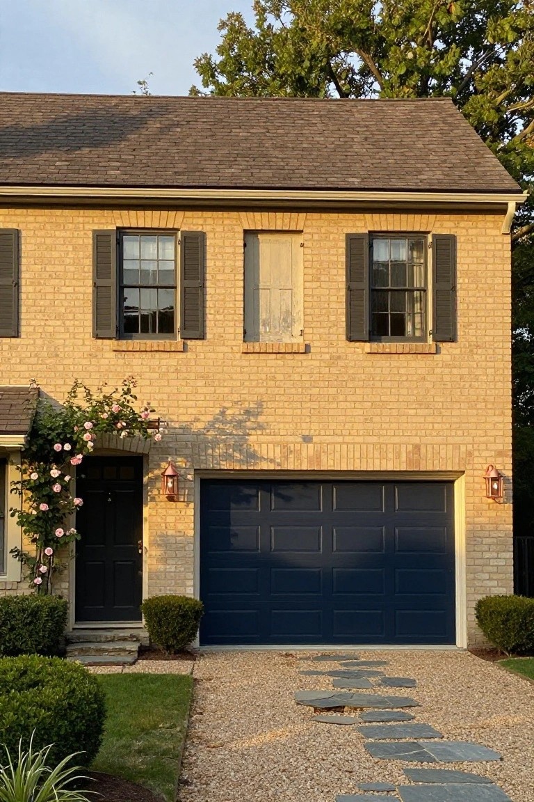 Brick home exterior featuring a deep navy blue garage door against warm brick siding