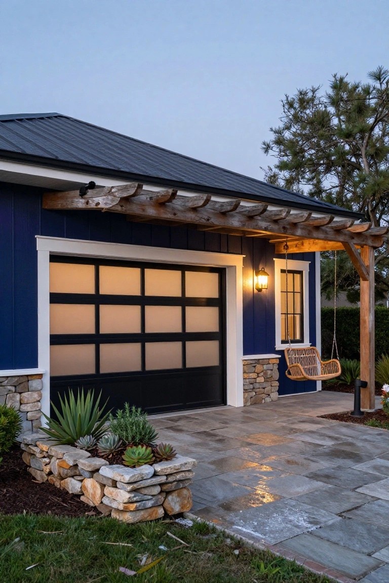 Garage exterior painted deep navy blue with wooden pergola, frosted glass door, stone base, and potted succulents