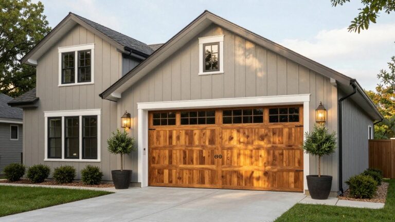 Garage exterior painted in soft warm gray siding with wooden door and white trim