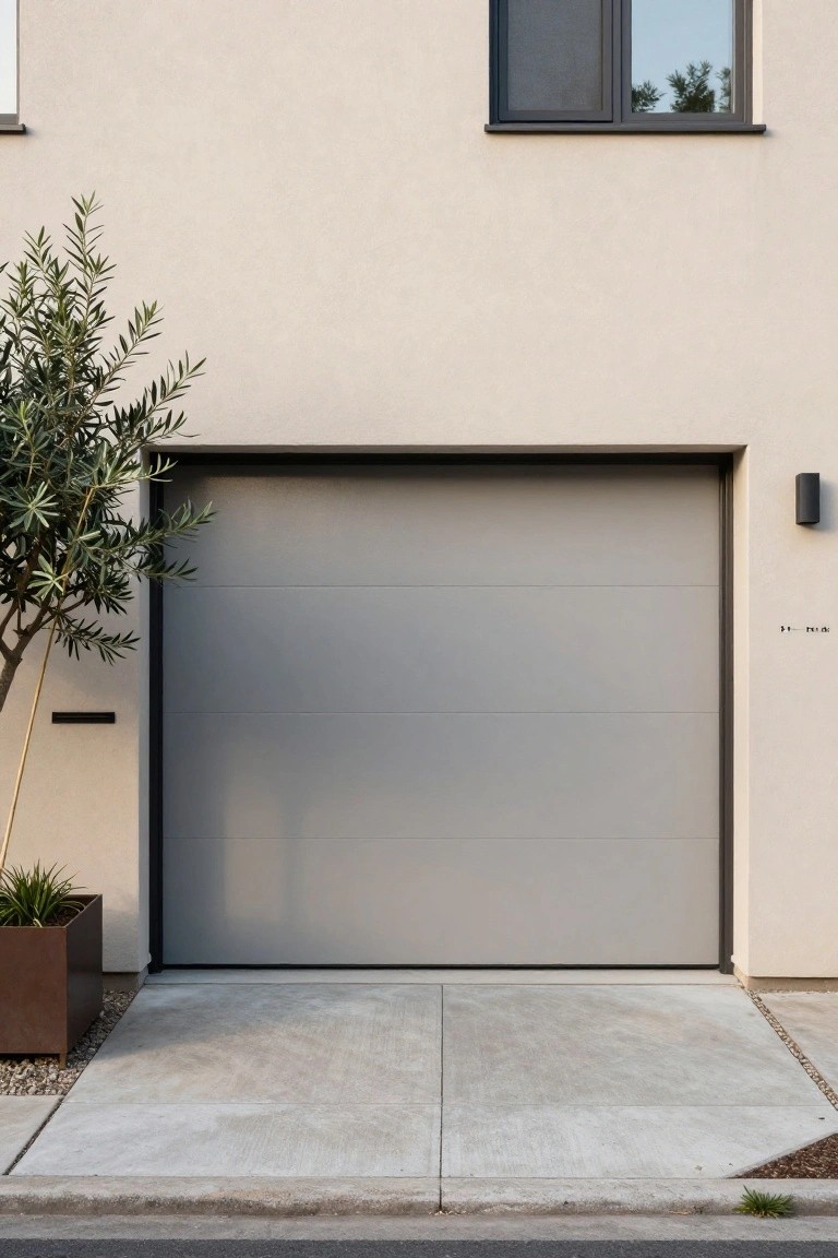 Modern beige house with matte medium gray garage door and olive tree in front